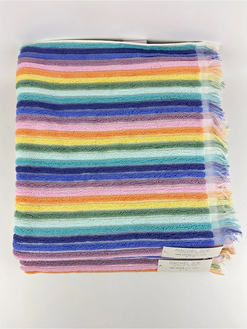NWT Rachel Zoe Rainbow Striped Cotton Bath Towels Set of 2 Fringe Tassel Boho